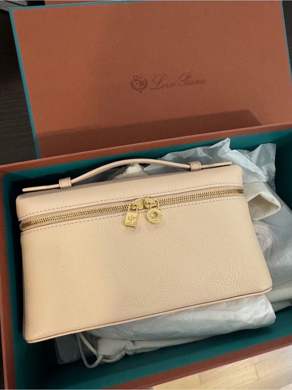 Loro Piana Pale Cream Pebbled Leather Wristlet with Gold Hardware